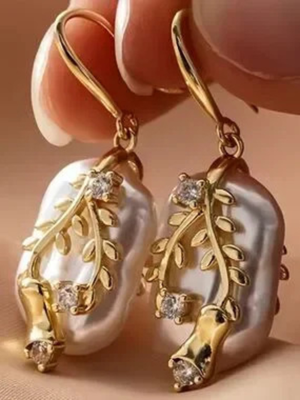 Anthropologie Gold Tone Leaf and Pearl Drop Earrings